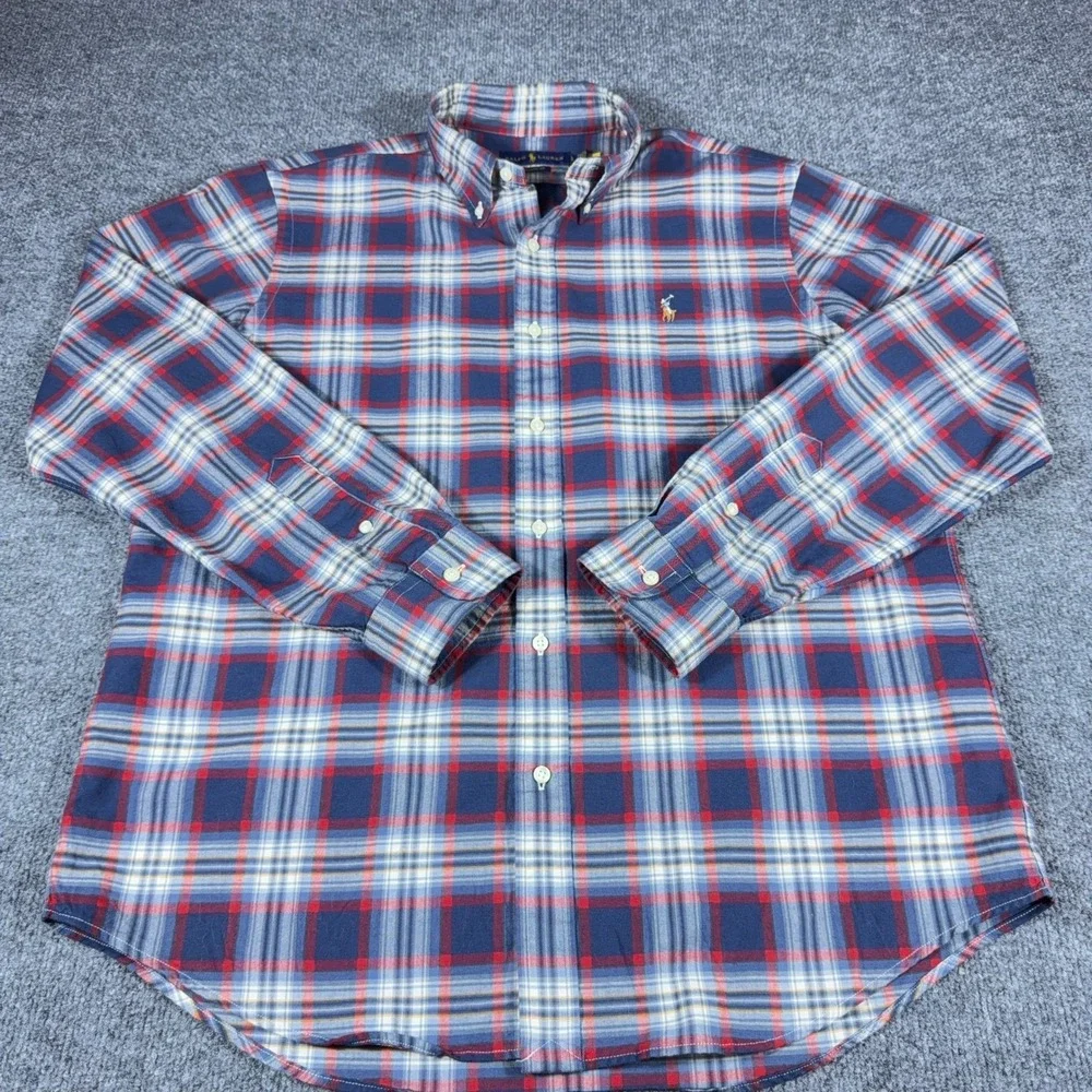 Polo Ralph Lauren Mens Plaid Button Down Shirt Red White Blue Cotton Large